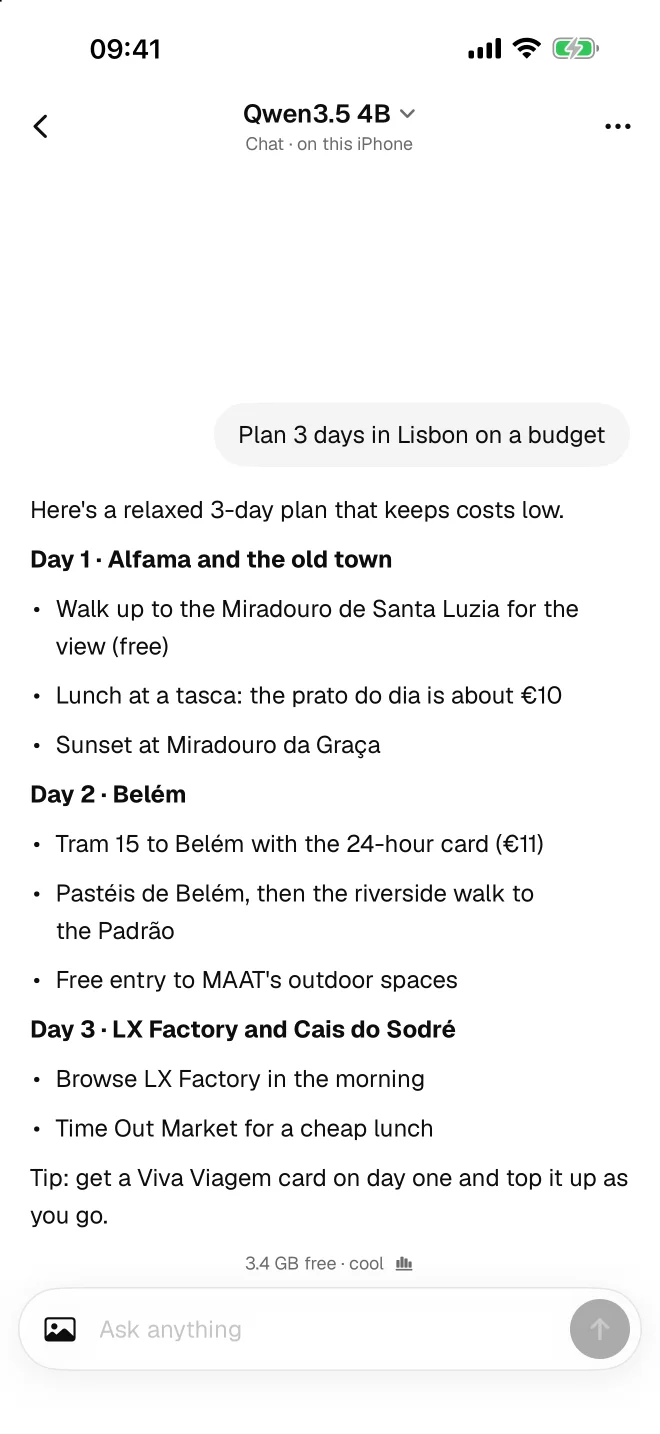 Rock chat on iPhone: a three-day Lisbon plan written by Qwen3.5 4B running on the device