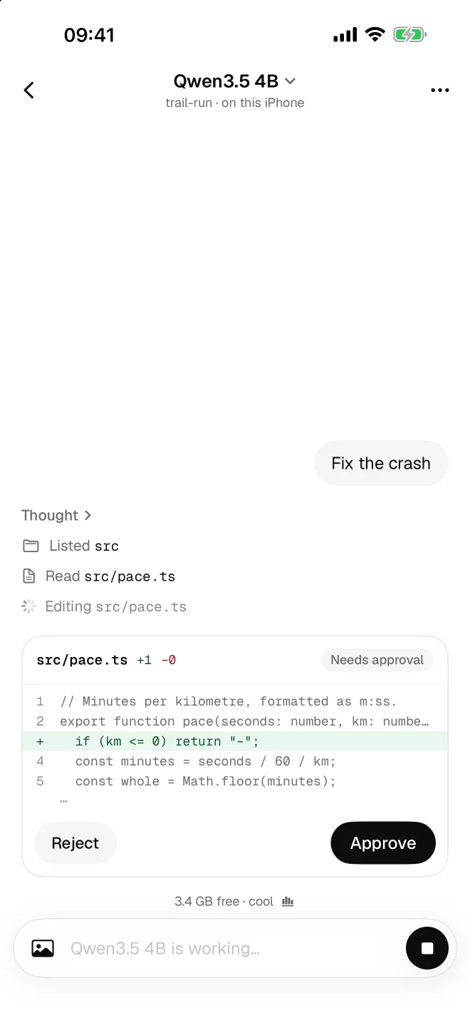 Rock coding agent on iPhone: a proposed edit to src/pace.ts shown as a diff with Approve and Reject